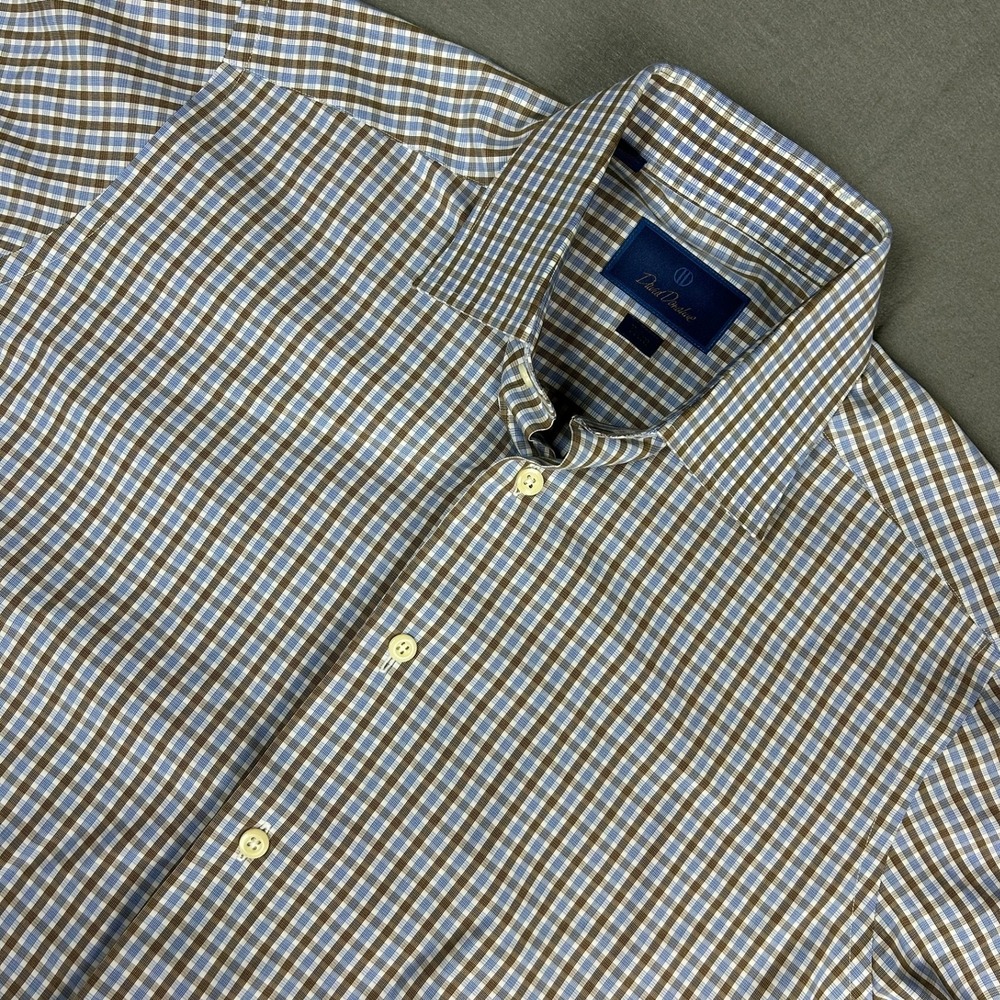 David Donahue Button Down Trim Fit Plaid Mens 16 32/33 Blue Brown